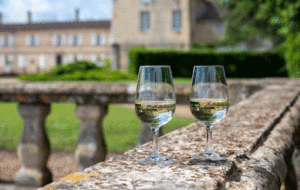 photo de deux verres de vin posé sur une rambarde 